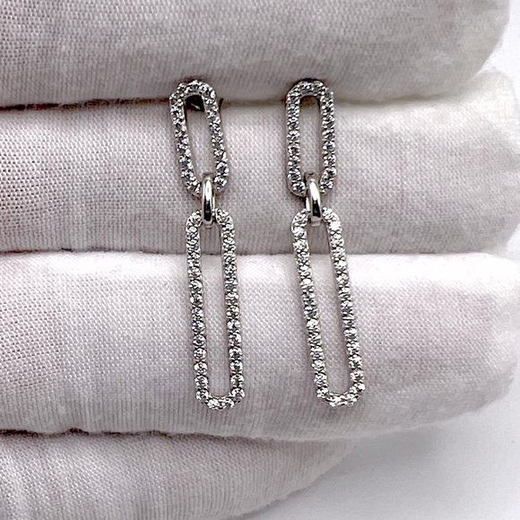 .925 Sterling Silver Rhodium Plated Dangling CZ Paperclip Earrings - Picture 8 of 17
